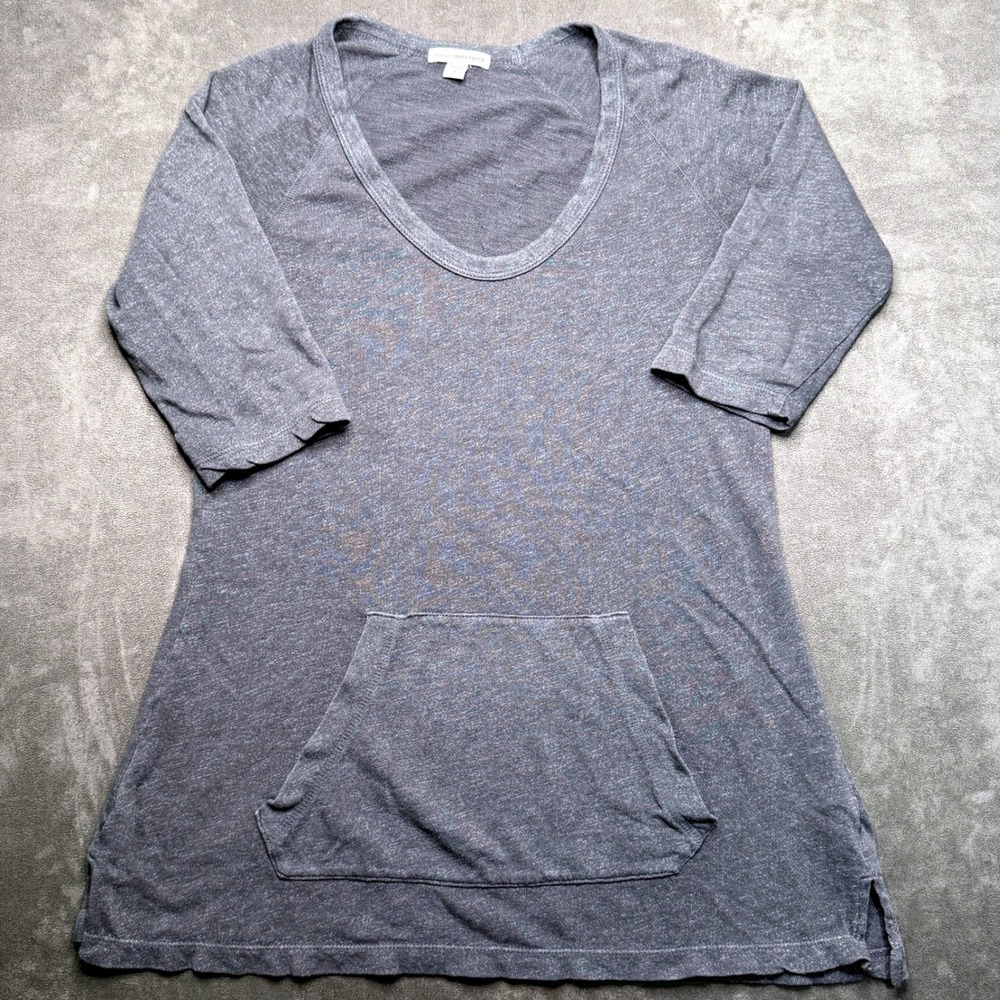 Standard James Perse Tunic Top Women Sz 2 Gray Raglan 3/4 Sleeve Kangaroo Pocket